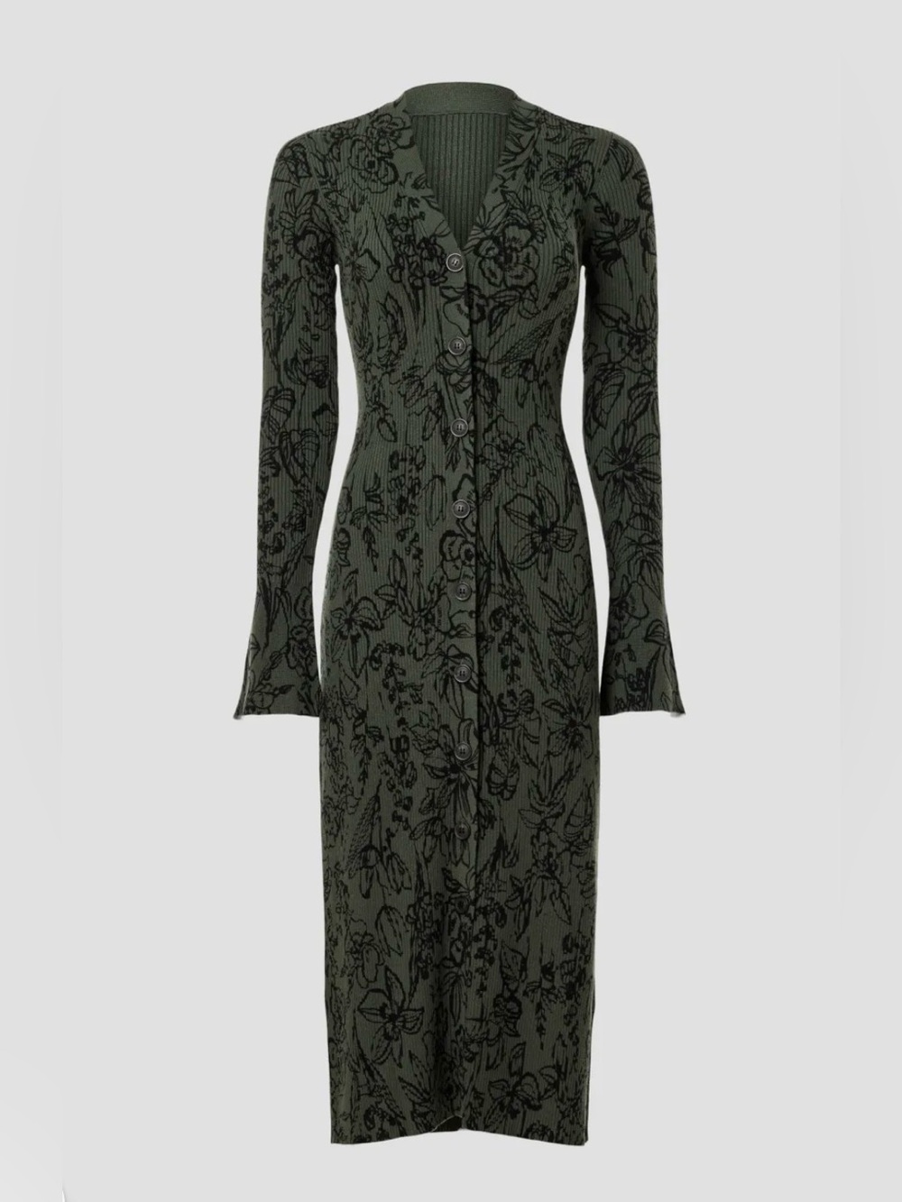 Jason Wu Olive Green Floral Ribbed Button-Down Maxi Dress